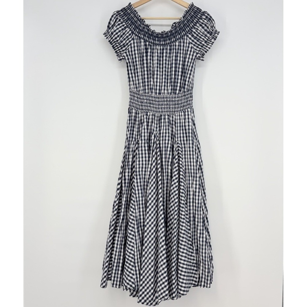 Chelsea & Theodore Gingham Off-Shoulder Dress S Navy Blue White Swing Smocked